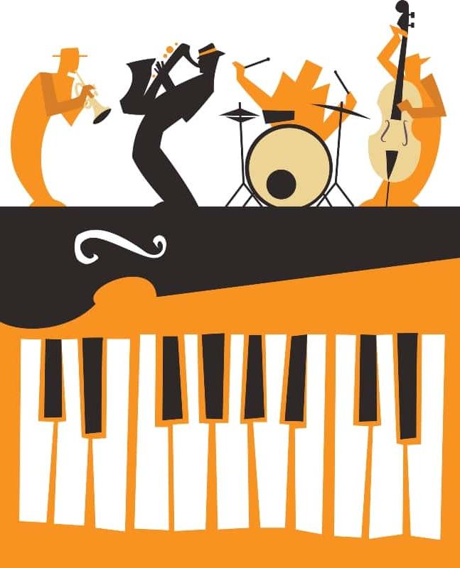 orange black white illustration 4 musicians & piano keys